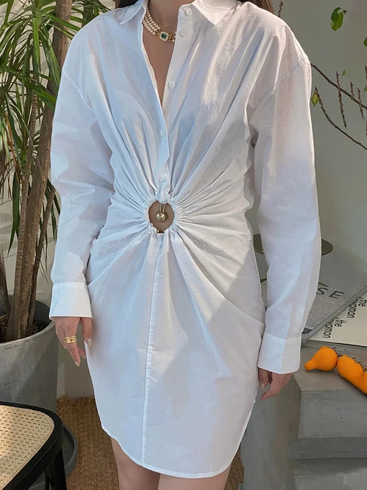 Gathered-Waist White Shirt Dress