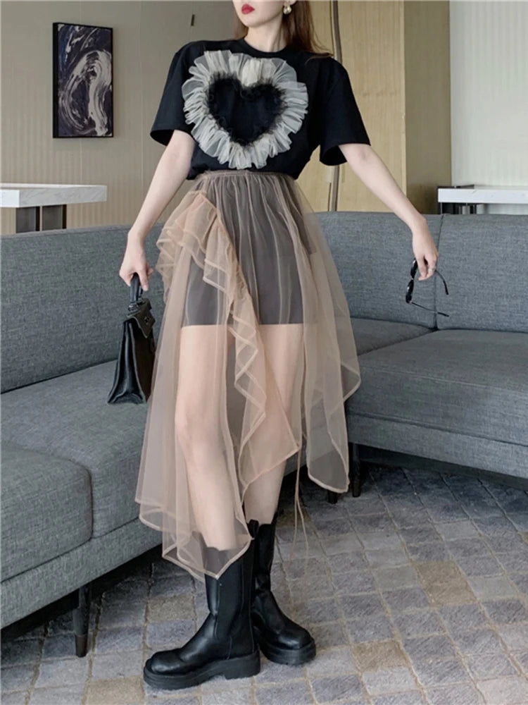 Heart-Applique Tee and Sheer Skirt Set