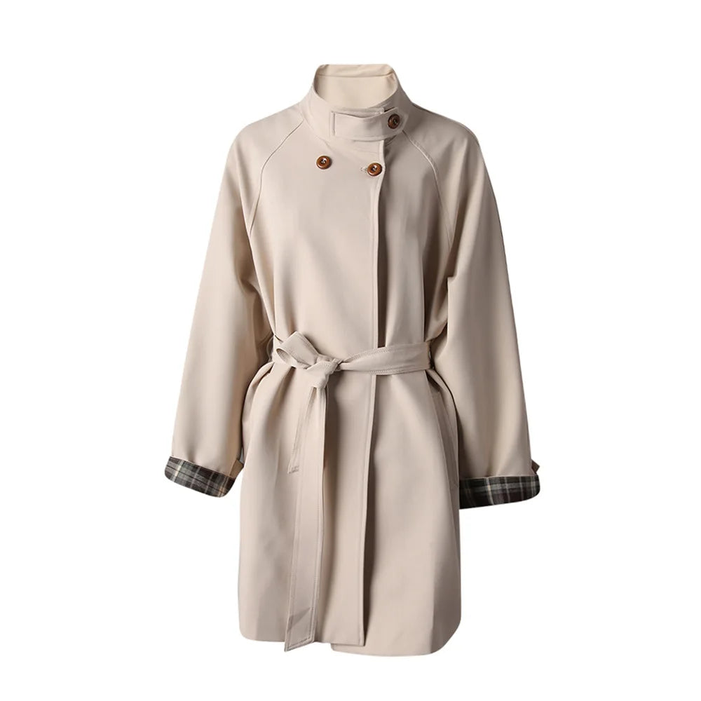 Stand-Collar Tie-Waist Trench Coat