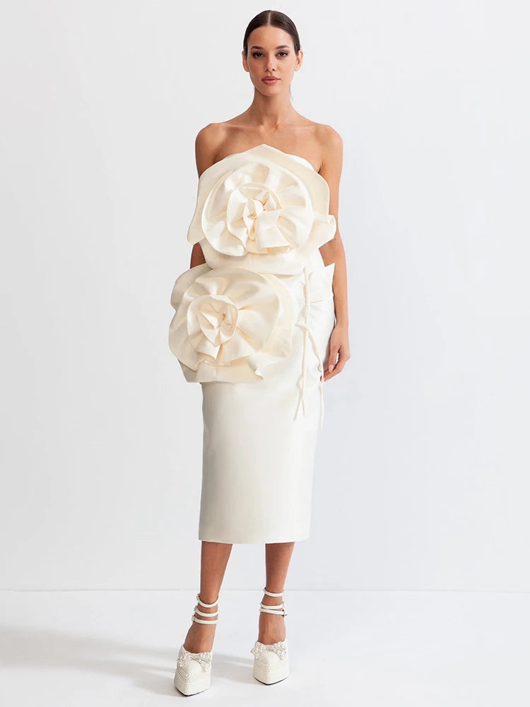 Oversized-Rosette Strapless Midi Dress
