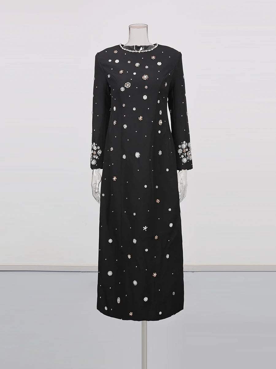 Embellished Long-Sleeve Long Dress