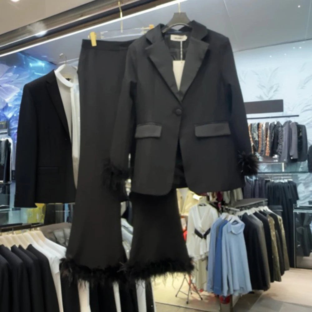 Wispy-Trim Blazer and Pants Set
