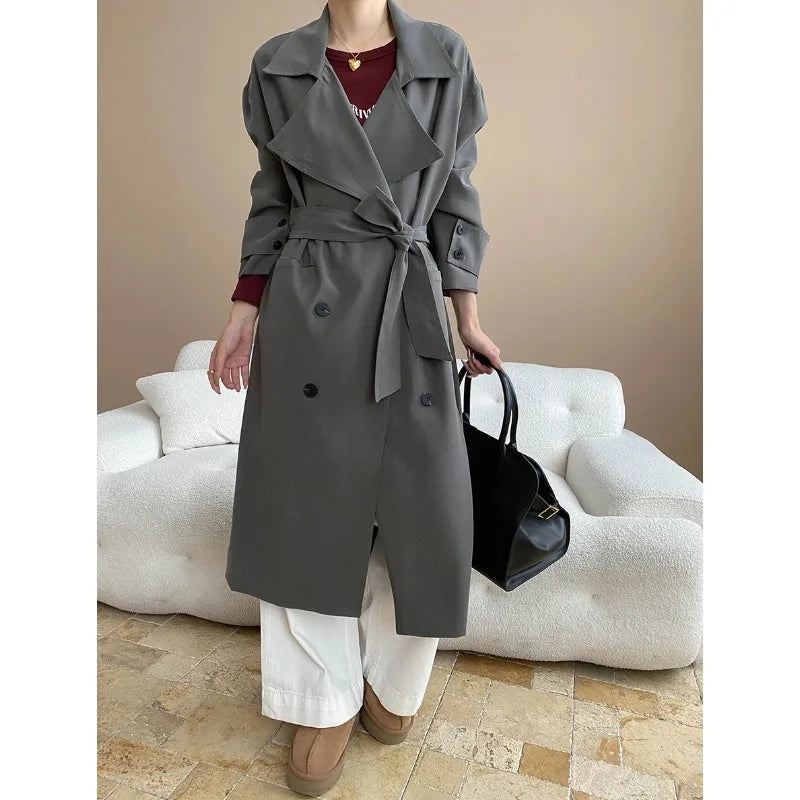 Wide-Lapel Long Trench Coat