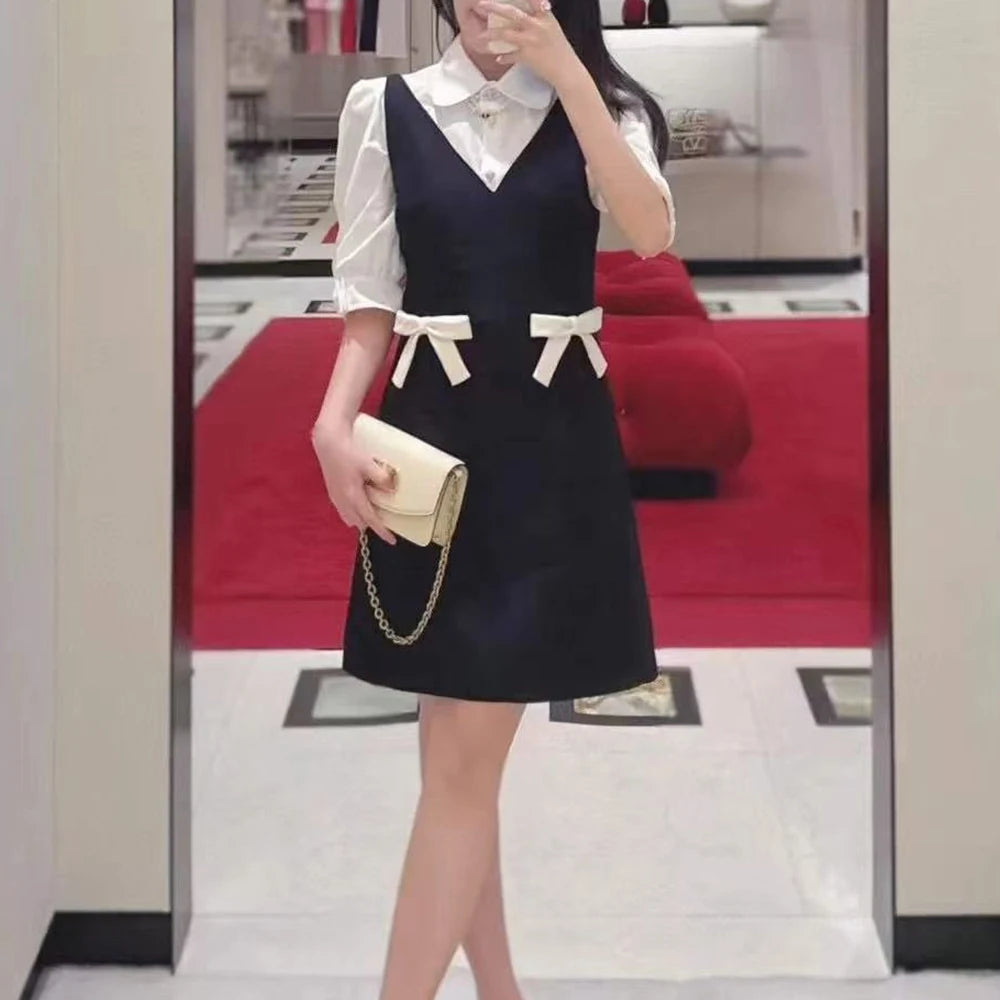 Bow-Detail V-Neck Pinafore Dress