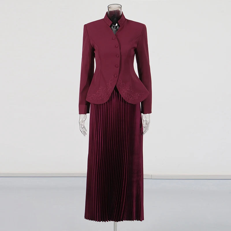 Stand-Collar Jacket and Skirt Set