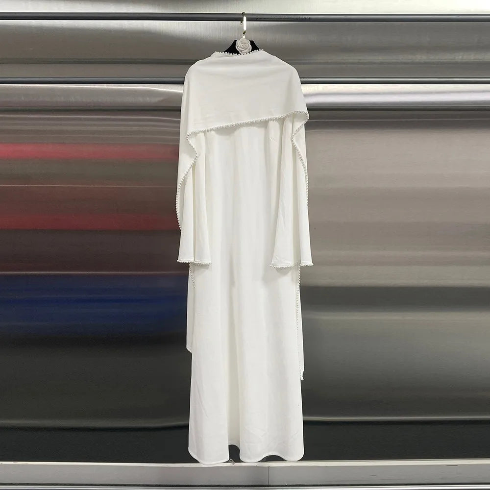 Cape-Overlay Long-Sleeve Long Dress