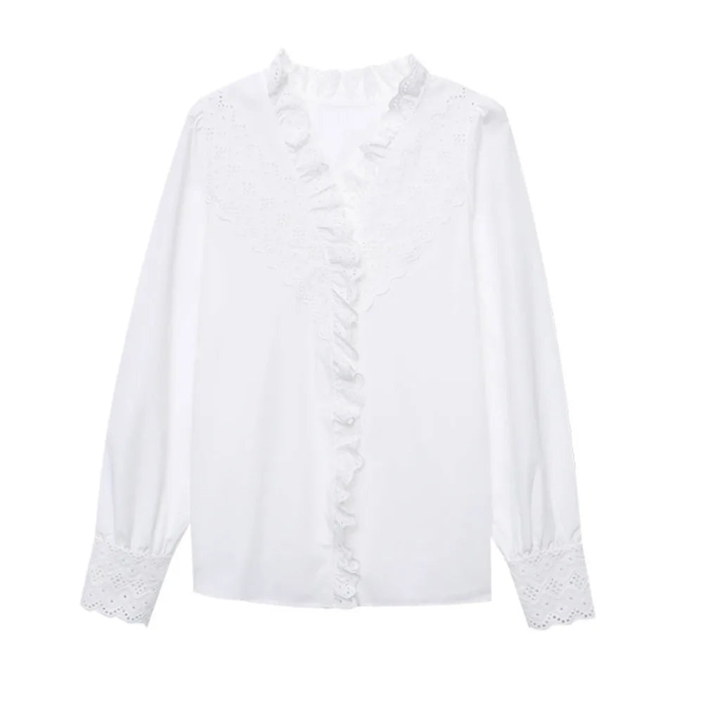 Eyelet-Trim Long-Sleeve Blouse