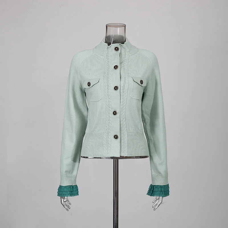 Contrast-Cuff Button-Front Cardigan