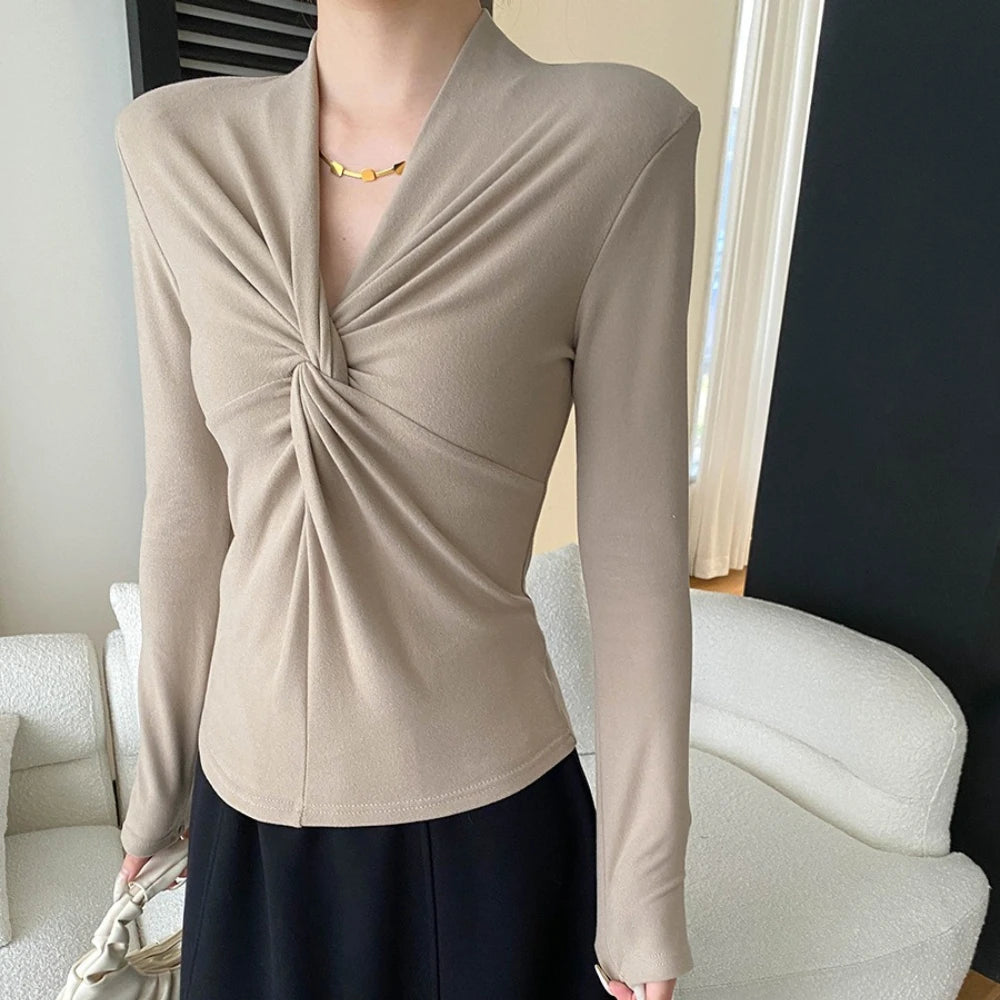 Twist-Front V-Neck Long-Sleeve Top