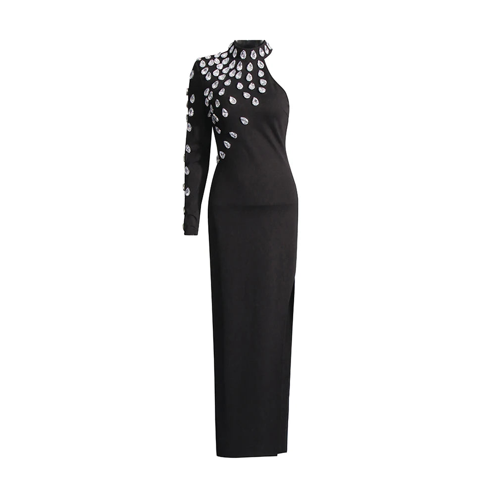 Embellished One-Sleeve Split-Hem Dress