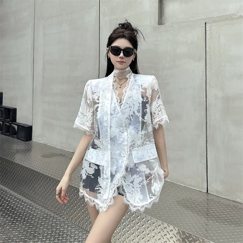 Sheer Lace Short-Sleeve Blazer