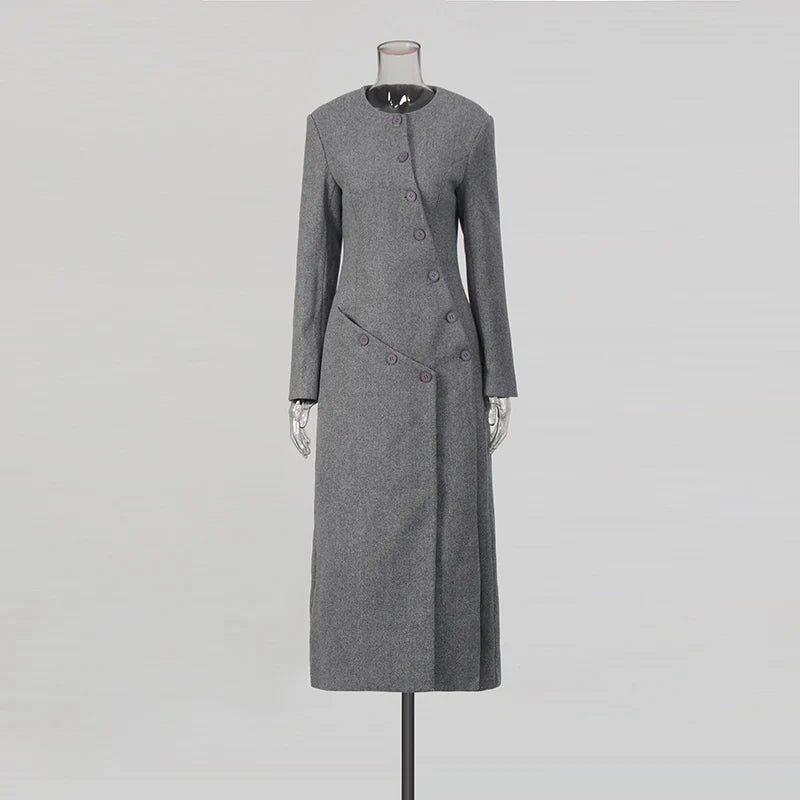 Round-Neck Button-Front Long Coat