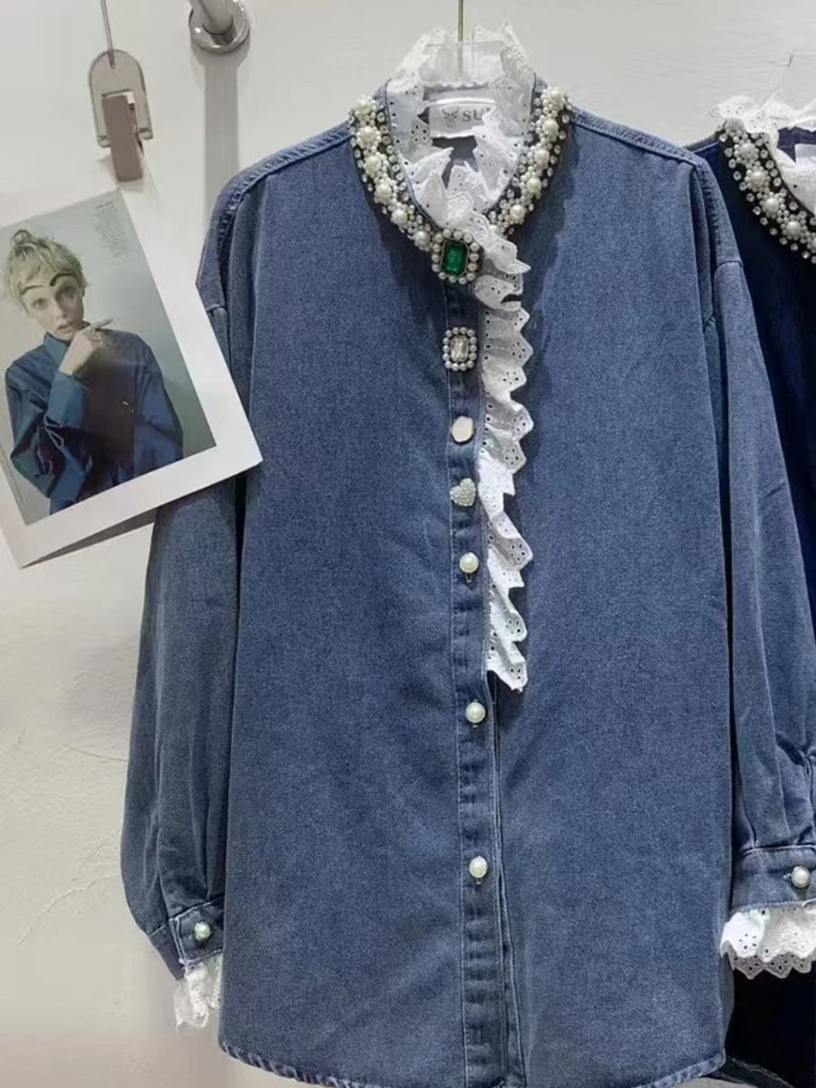 Lace-Trim Longline Shirt Jacket
