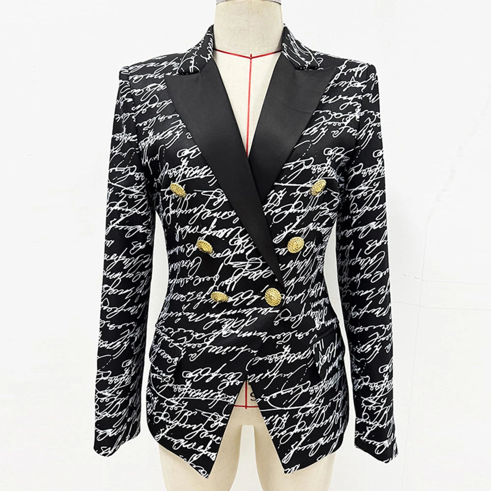 Script-Print Double-Breasted Blazer