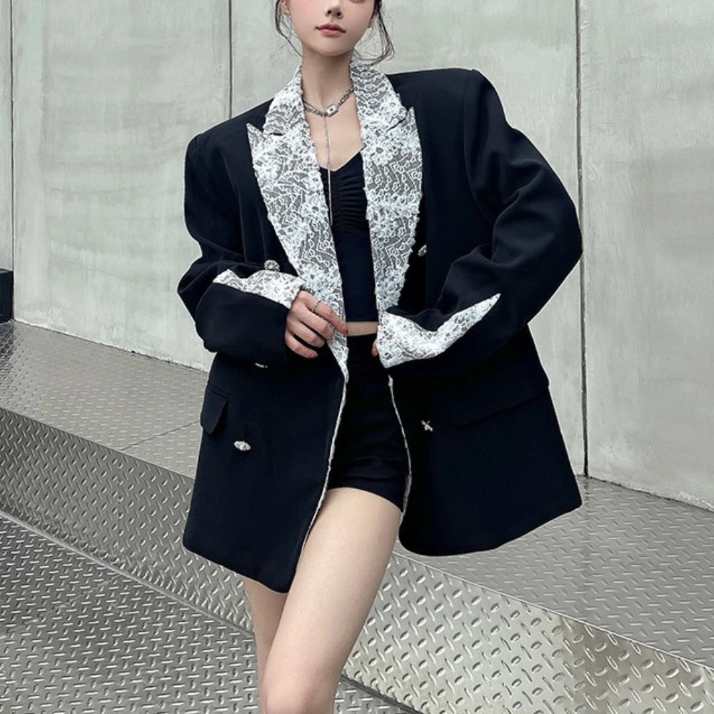 Lace-Trim Notched-Lapel Blazer