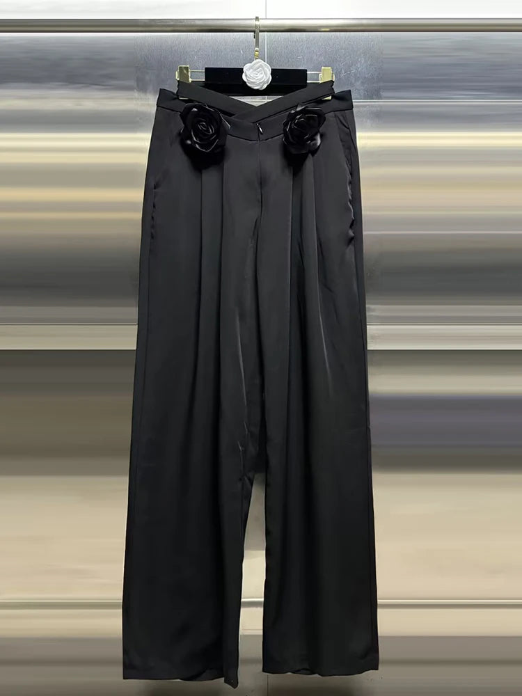 Floral Applique Wide-Leg Pants