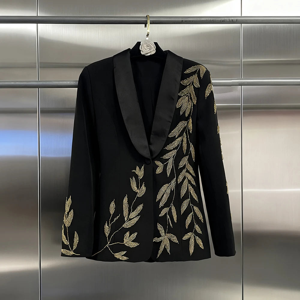 Leaf-Motif Shawl-Collar Blazer