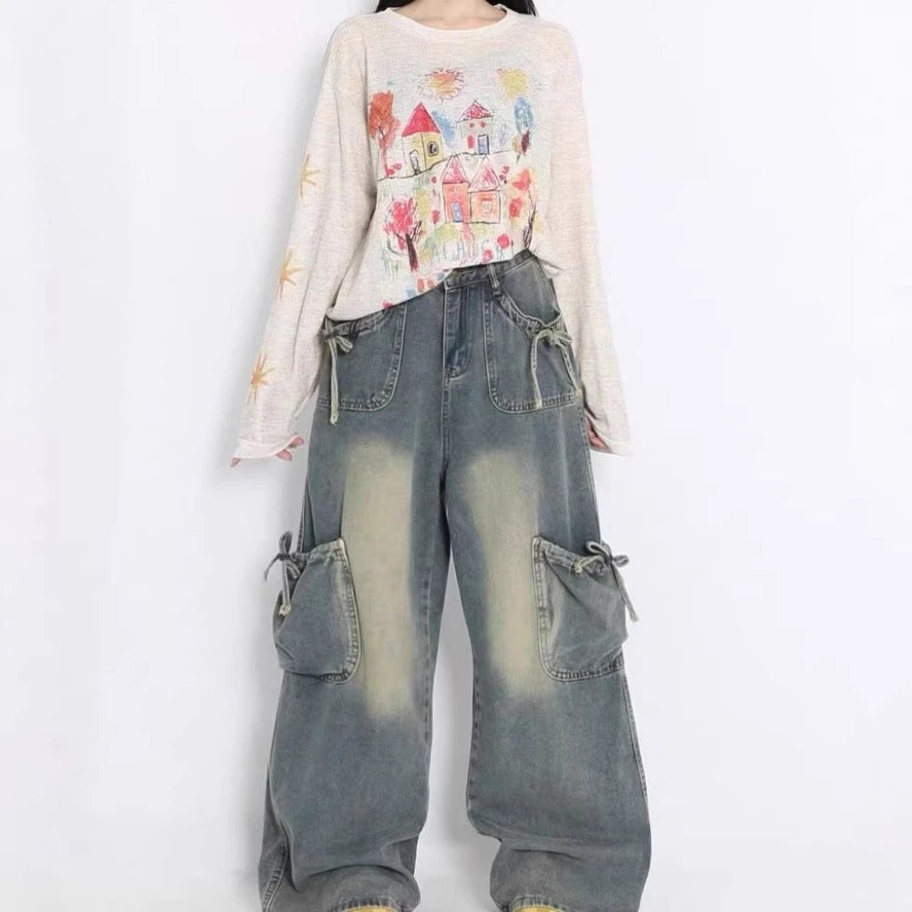 Bow-Pocket Wide-Leg Jeans
