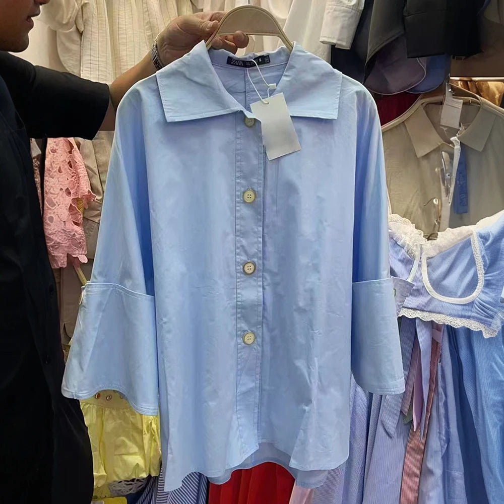 Wide-Cuff Button-Up Blouse