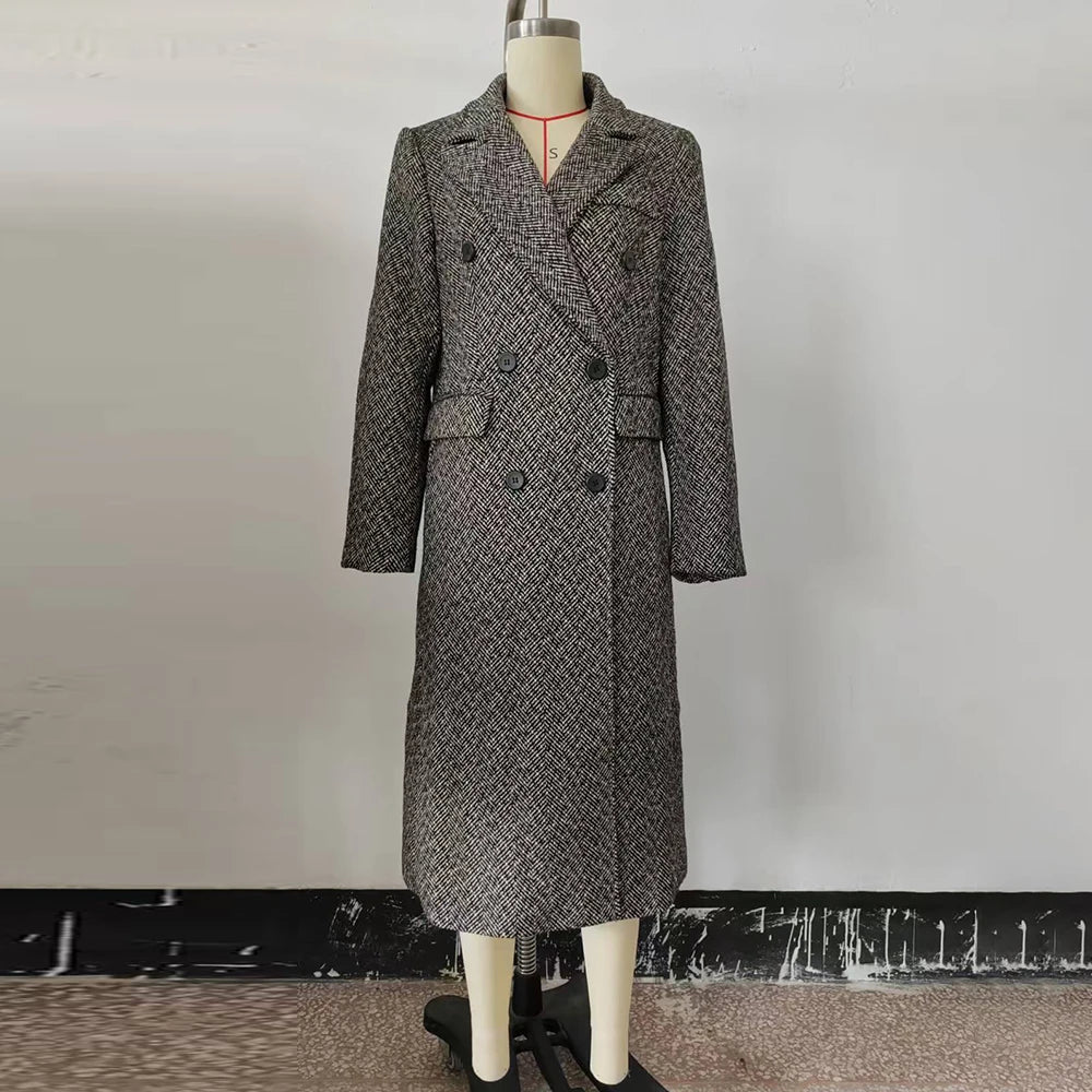 Textured Double-Breasted Long Coat