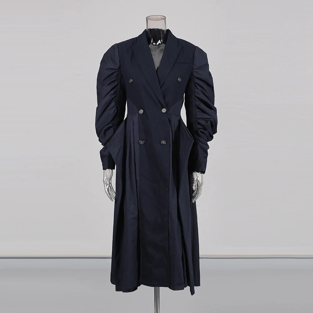 Ruched-Sleeve Double-Breasted Long Coat