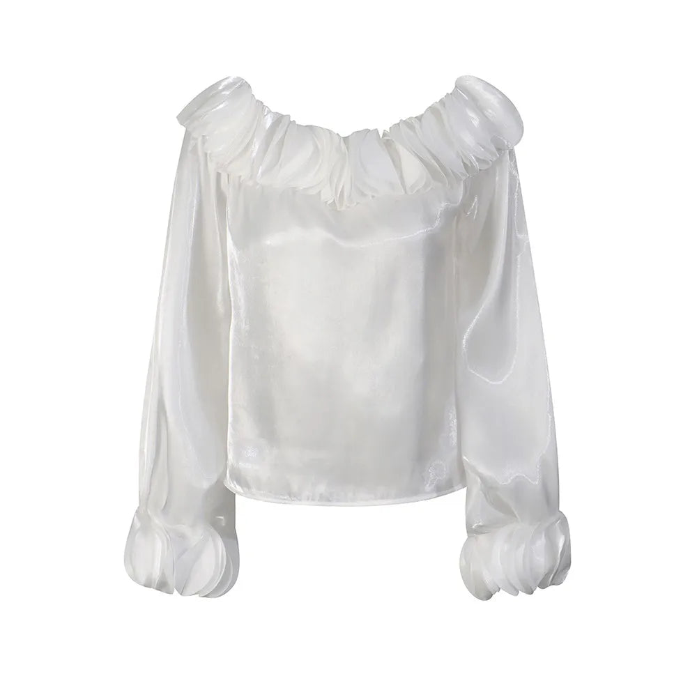 Ruffle-Neck Balloon-Sleeve Blouse