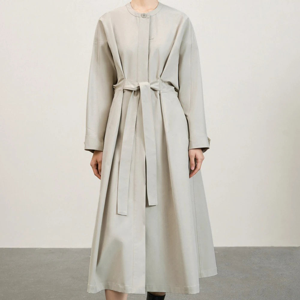Collarless Tie-Waist Long Coat