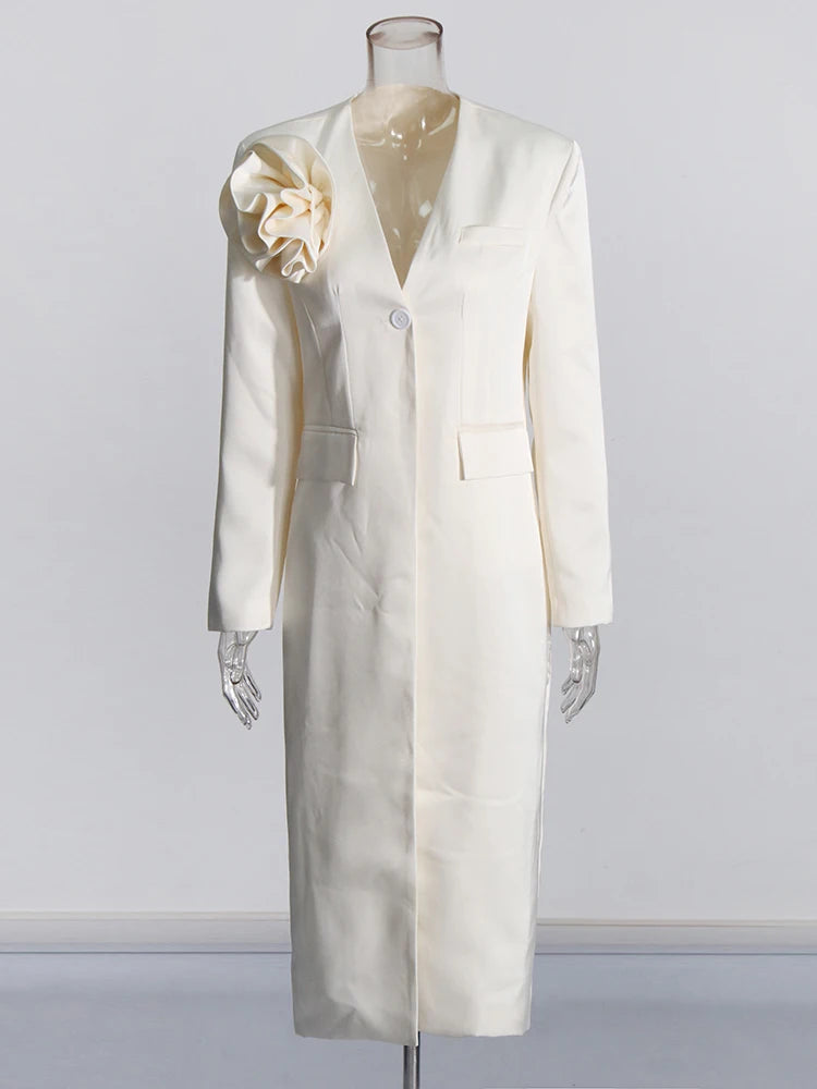 Floral Applique Collarless Long Coat