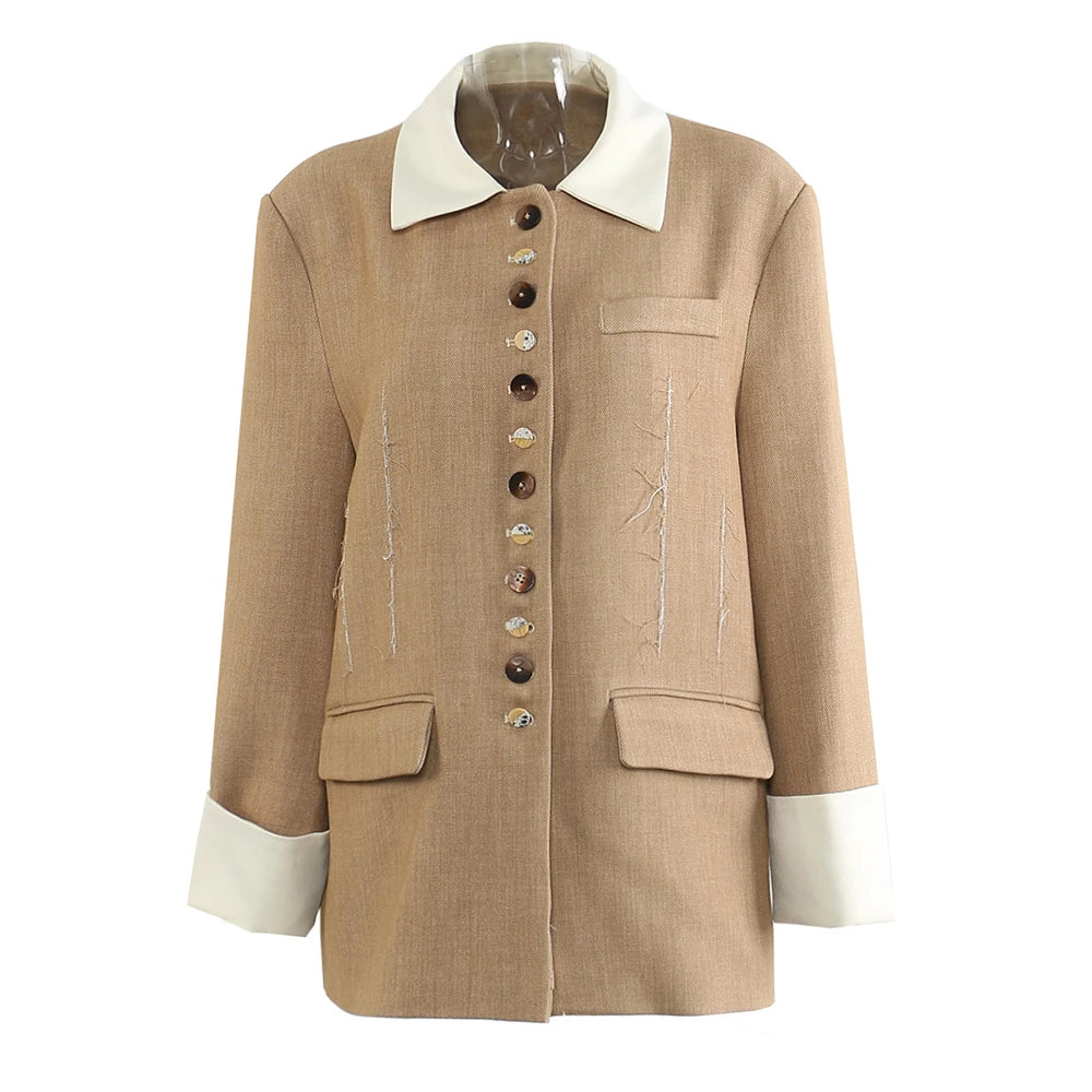 Contrast-Collar Button-Front Jacket