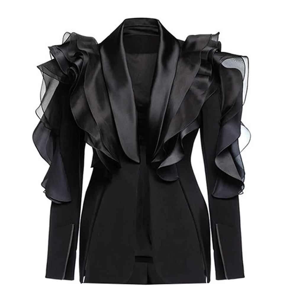 Sheer Ruffle-Trim Blazer