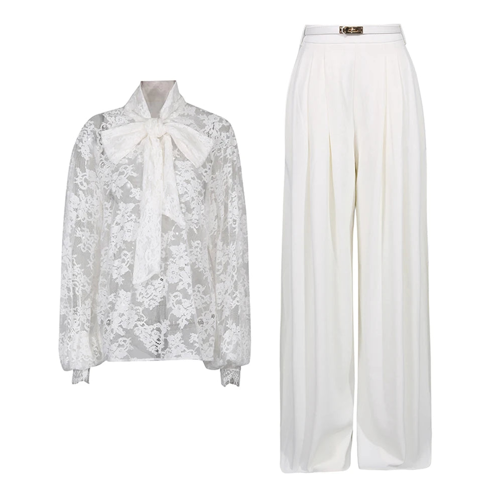 Lace Blouse and Wide-Leg Pants Set