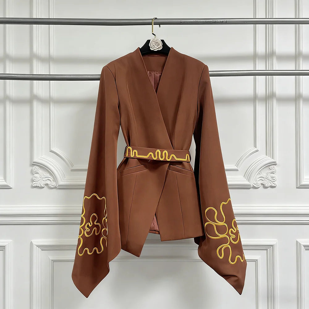 Embroidered Bell-Sleeve Wrap Jacket