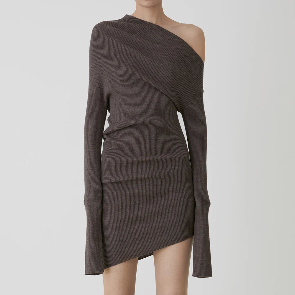 Asymmetric-Neck Long-Sleeve Mini Dress