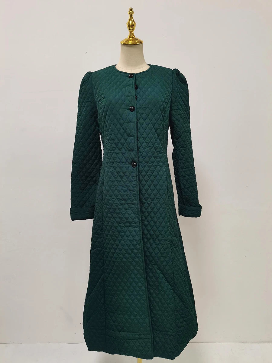 Quilted Button-Front Long Coat