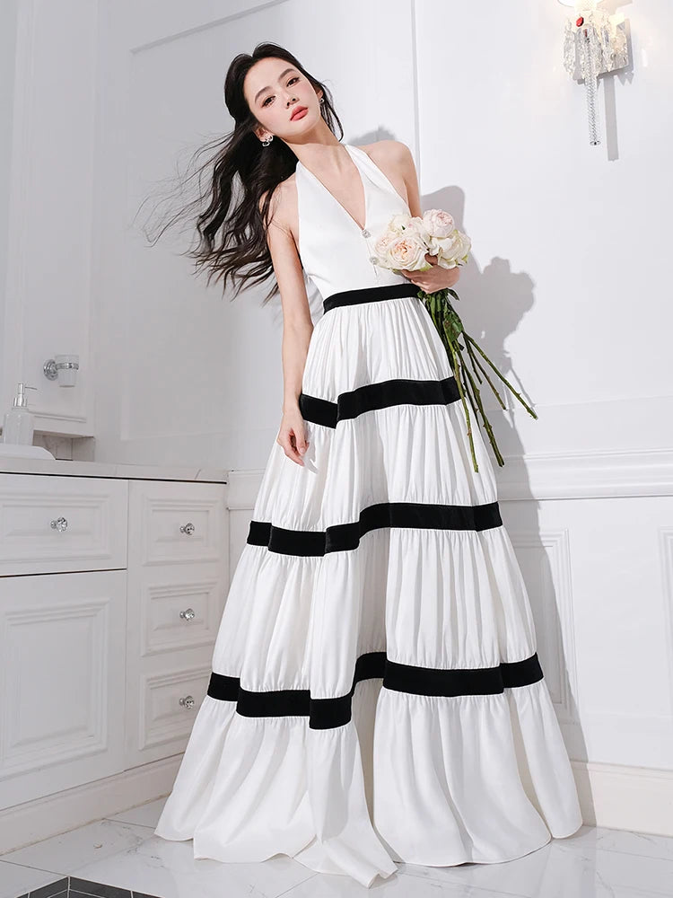 Contrast-Trim Tiered Halter Dress