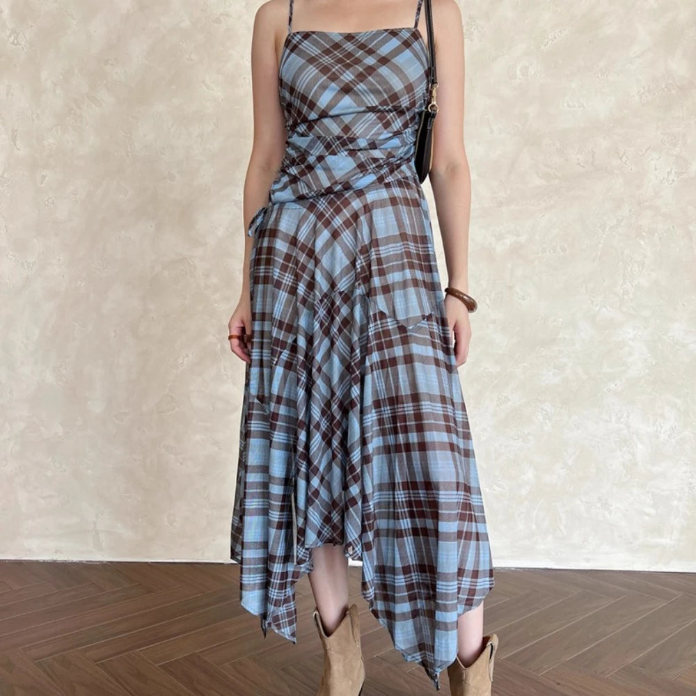 Plaid Asymmetric Strap Dress