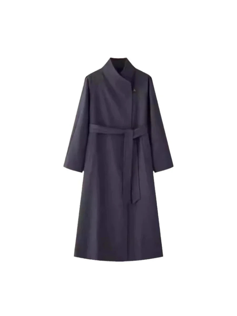 Stand-Collar Tie-Waist Long Coat