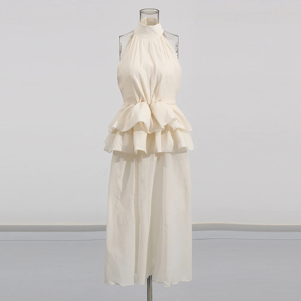 Ruffle-Waist Halter Long Dress