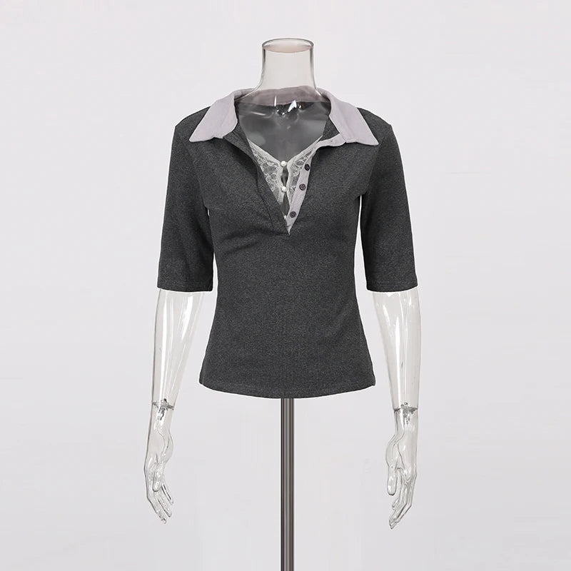 Contrast-Collar Lace-Up Top