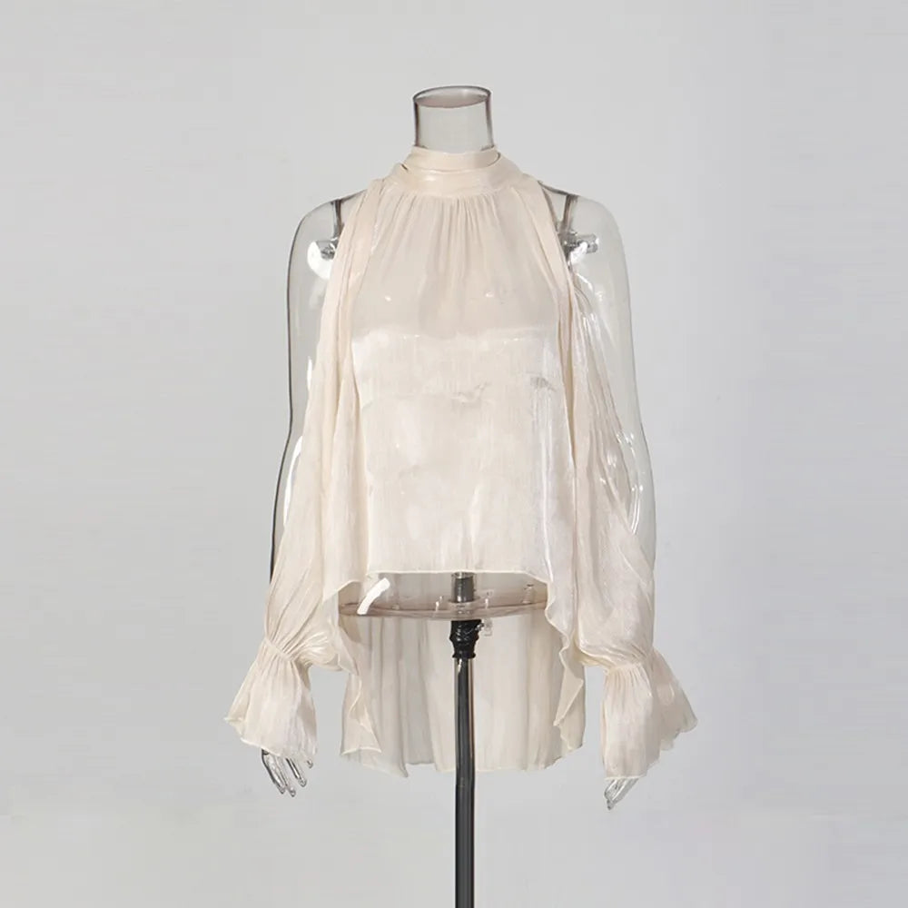 Cold-Shoulder High-Neck Blouse