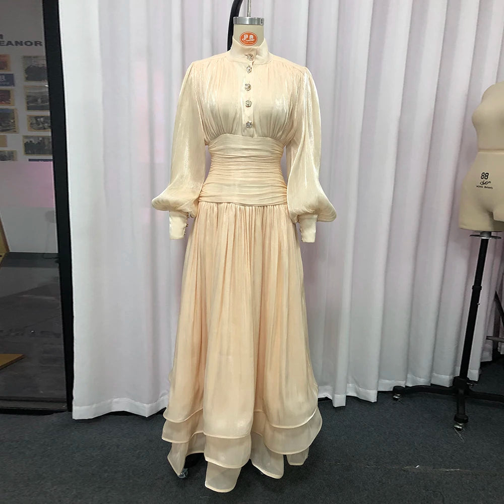 Ruched-Waist Tiered Long Dress