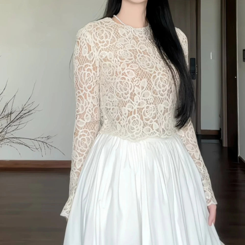 Floral Lace Top and Pleated Skirt Set
