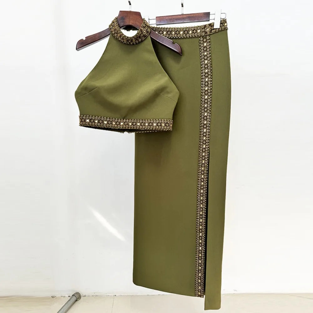 Embellished Halter Top and Skirt Set