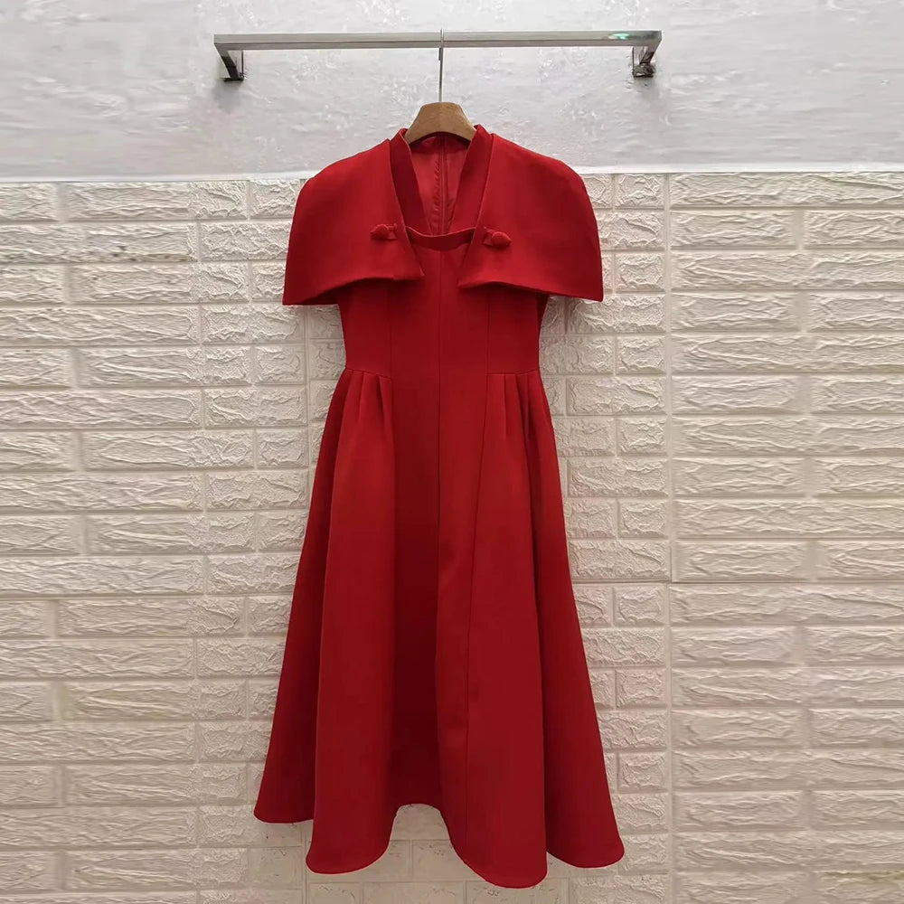 Cape-Shoulder V-Neck Dress