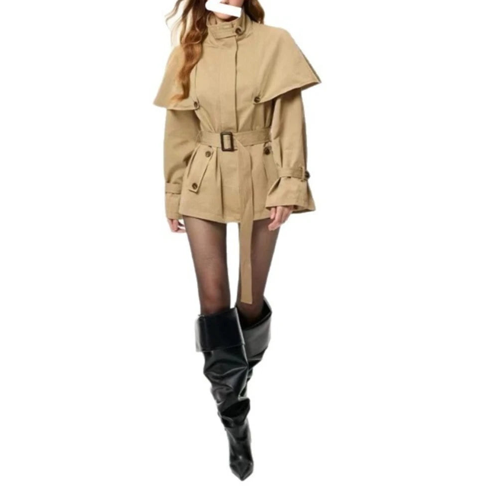 Cape-Overlay Short Trench Coat