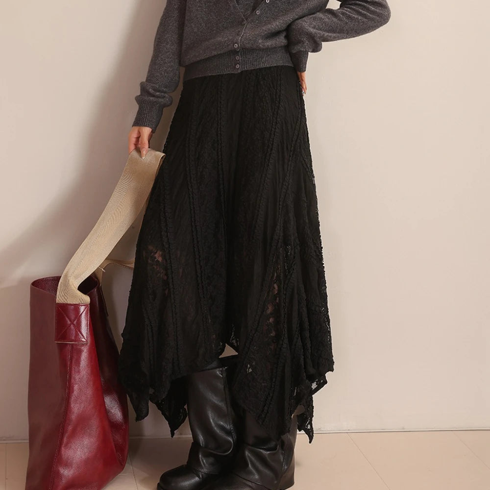 Lace-Panel Asymmetric Midi Skirt