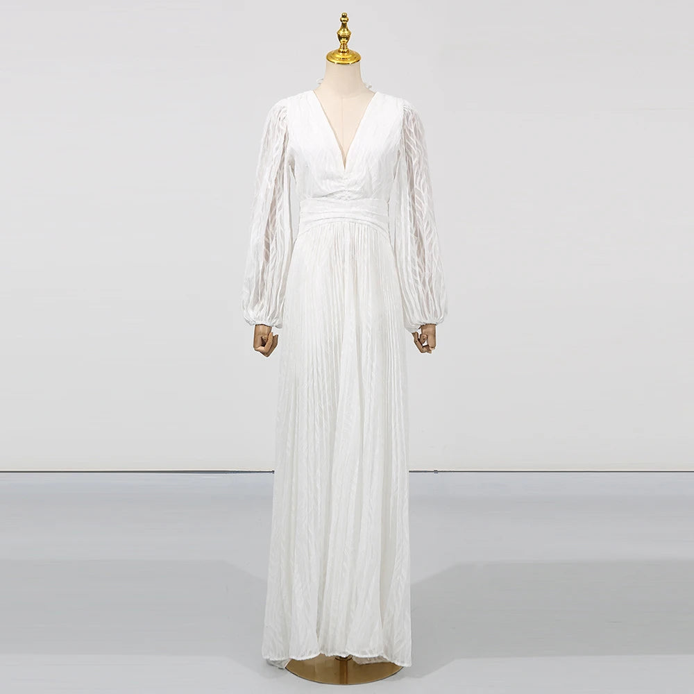 V-Neck Pleated Long Dress