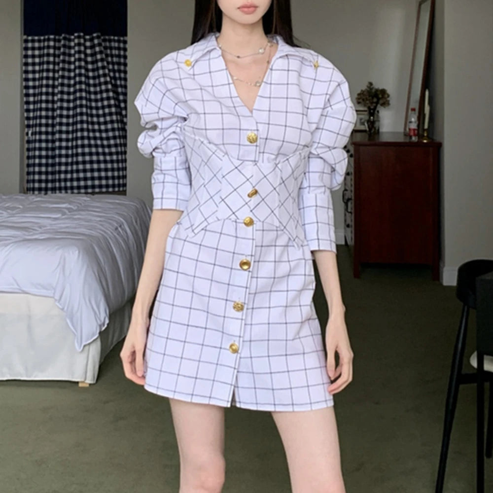 Windowpane-Check Button-Front Shirt Dress