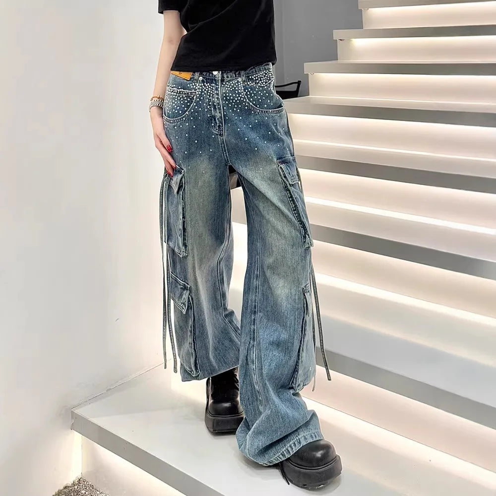 Embellished Wide-Leg Cargo Jeans