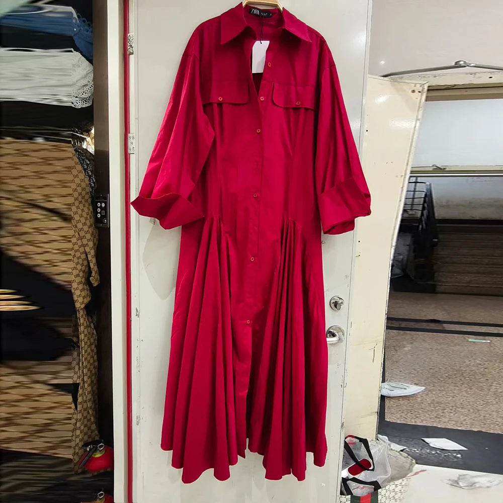 Pleated Long-Sleeve Shirt Dress
